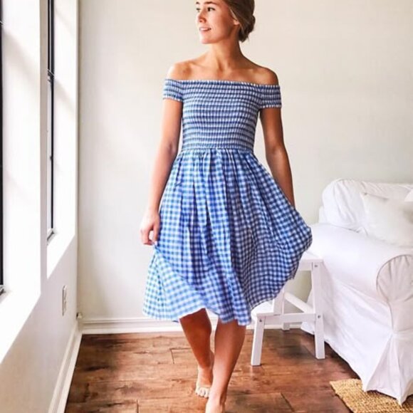 J Crew Blue Gingham Off Shoulder Dress (L) - Picture 3 of 5